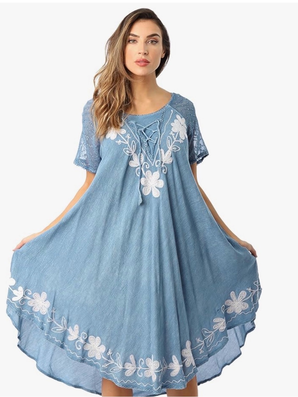 Blue Embroidered Lace-Up Floral Swing Dress - Women's